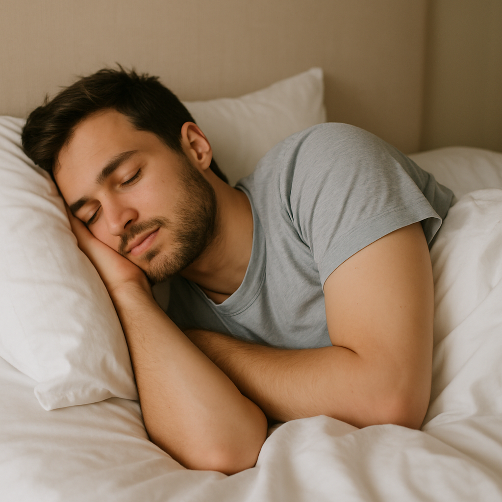 Pria dewasa sedang tidur lelap di atas ranjang dengan pencahayaan alami pagi hari